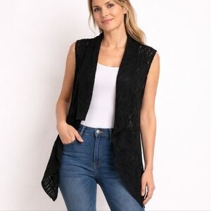 Oska Black Open Knit Cardigan M/L Draped Lightweight Boho Sweater Vest